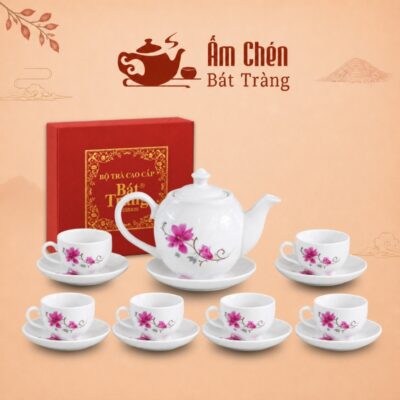 Bộ Trà Sứ Vẽ Tay Hoa Đào Hồng Dáng Camellia VT-28