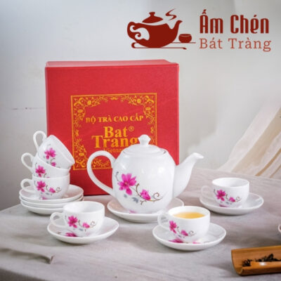 Bộ Trà Sứ Vẽ Tay Hoa Đào Hồng Dáng Camellia VT-28