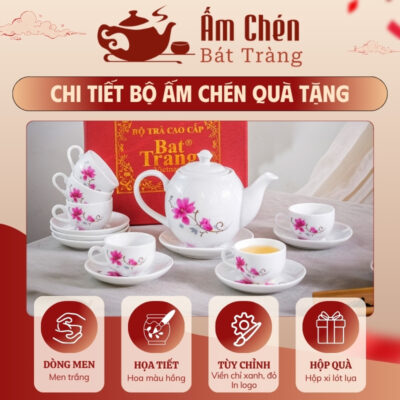 Các thông tin nổi bật của bộ trà sứ vẽ tay hoa đào hồng dáng camellia VT-28