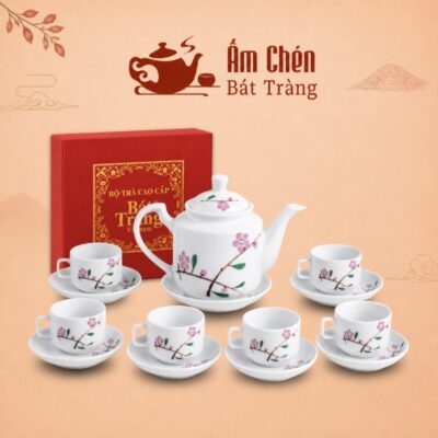 Bộ Trà Sứ Vẽ Tay Hoa Đào Hồng Dáng Vuông Thẳng VT-24