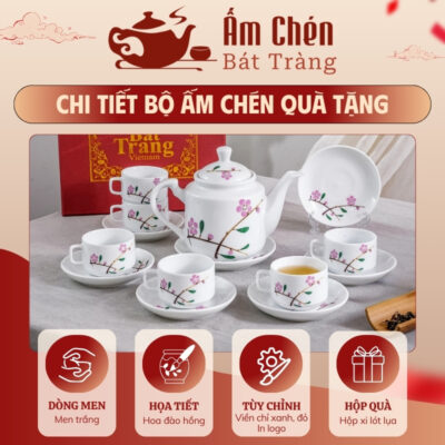 Đặc điểm bộ bộ trà sứ vẽ tay hoa đào hồng dáng vuông thẳng VT-24