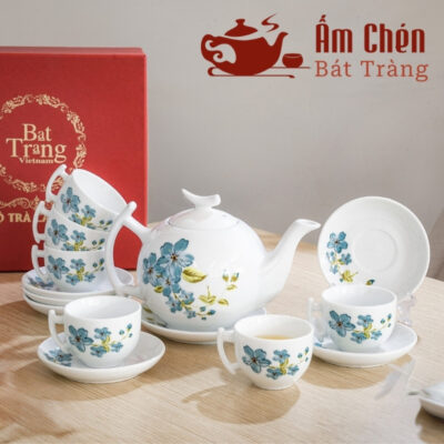 Bộ Trà Sứ Vẽ Tay Hoa Đồng Xanh Dáng Bưởi Cành VT-17