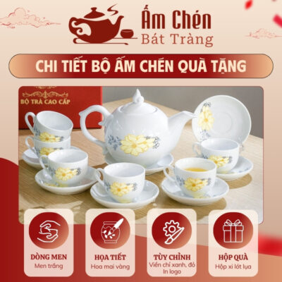 Đặc điểm bộ trà sứ vẽ tay hoa mai vàng dáng bưởi lửa VT-14