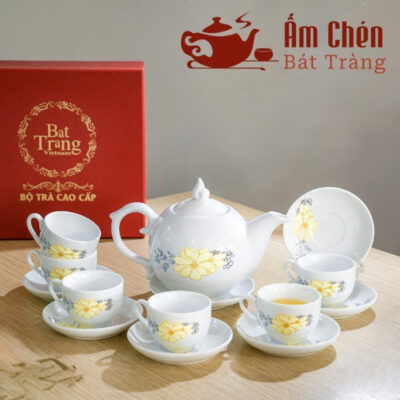 Bộ Trà Sứ Vẽ Tay Hoa Mai Vàng Dáng Bưởi Lửa VT-14