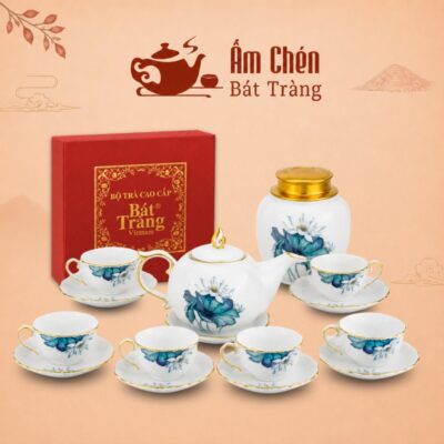 Bộ Trà Vẽ Tay Hoa Sen Kẻ Chỉ Vàng Dáng Bưởi Lửa VT-20