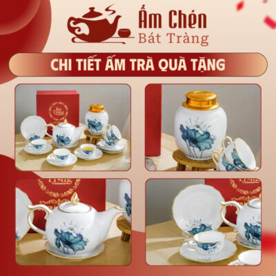 Hình ảnh thực tế họa tiết và đường kẻ chỉ vàng tinh tế trên bộ trà