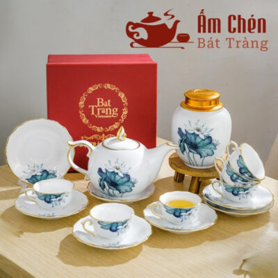 Bộ Trà Vẽ Tay Hoa Sen Kẻ Chỉ Vàng Dáng Bưởi Lửa VT-20