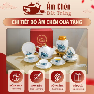 Đặc điểm bộ trà vẽ tay hoa sen kẻ chỉ vàng dáng camellia VT-20