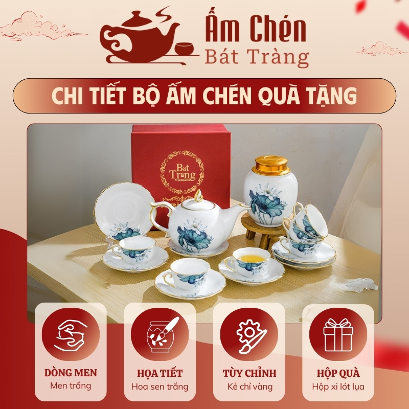 Đặc điểm bộ trà vẽ tay hoa sen kẻ chỉ vàng dáng bưởi lửa VT-20