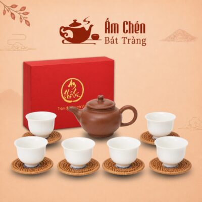 Bộ Ấm Chén An Thổ Túc Nắp Trụ Chén Tráng Men Trắng ATT-02