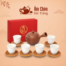 Bộ Ấm Chén An Thổ Túc Quai Chuôi Chén Tráng Men Trắng ATT-03