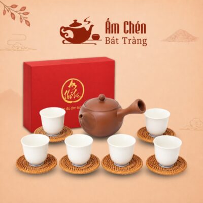 Bộ Ấm Chén An Thổ Túc Quai Chuôi Chén Tráng Men Trắng ATT-03